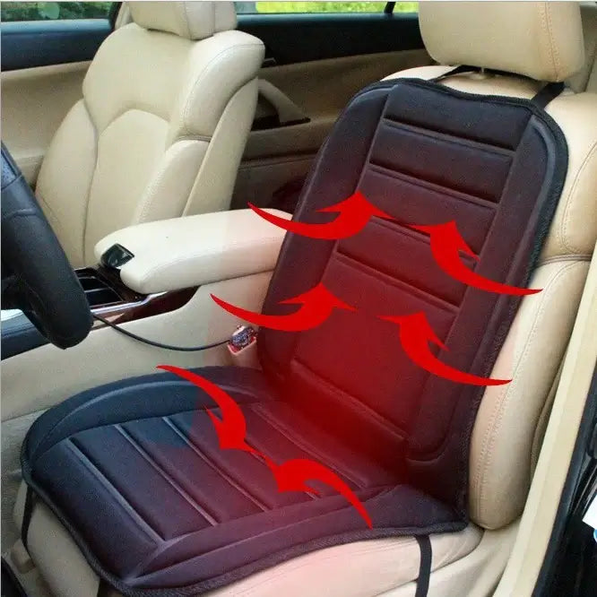 Black 12V heated seat cover on beige car interior with red heat flow indicators