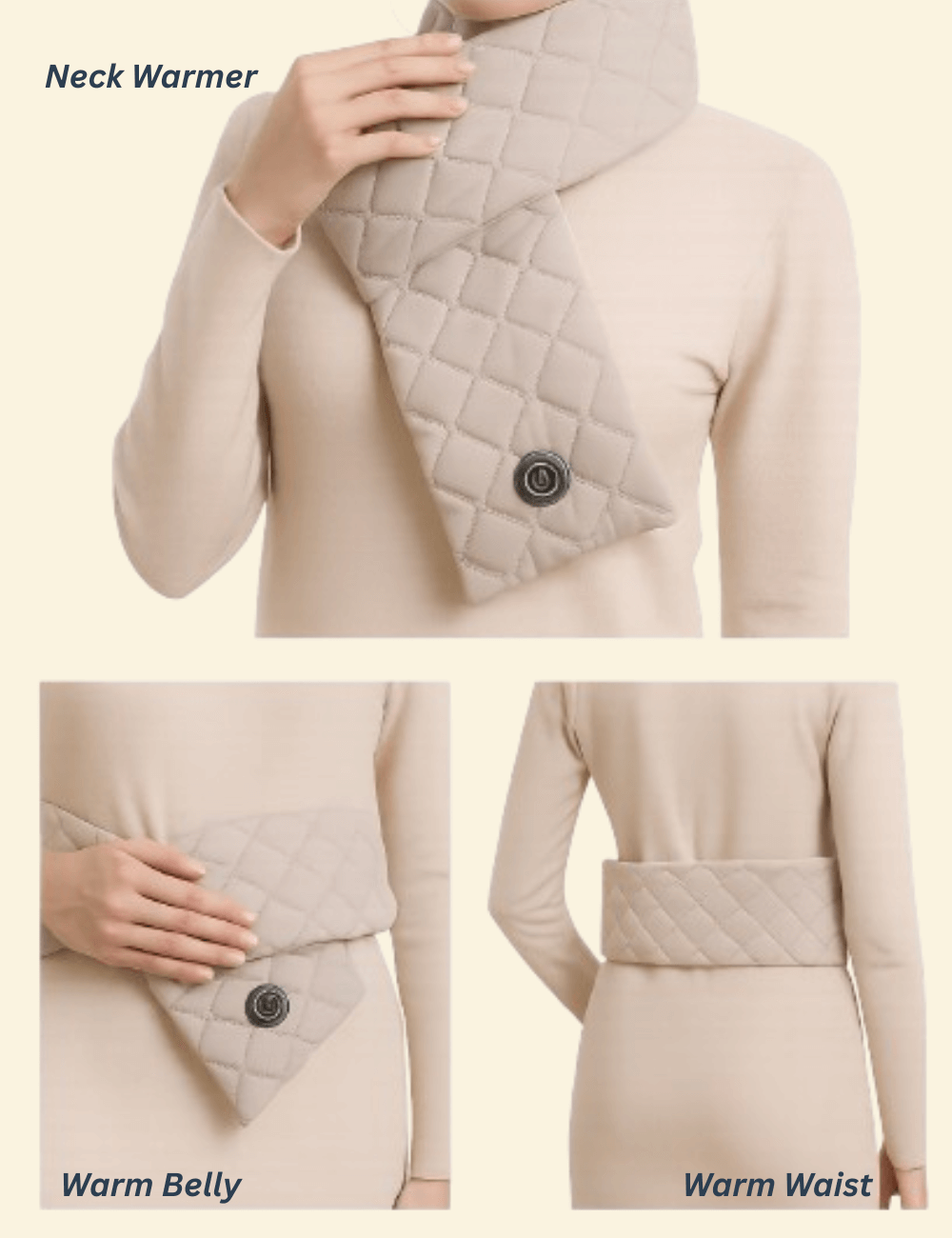 A woman demonstrates three ways to wear the Warmweave heated scarf: around the neck for warmth, across the belly for comfort, and wrapped around the waist for soothing heat.