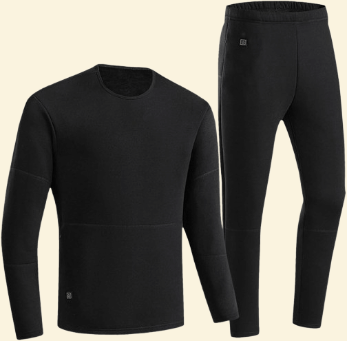 Front and side view of Warmweave™ men's USB heated thermal top and bottom set in black color