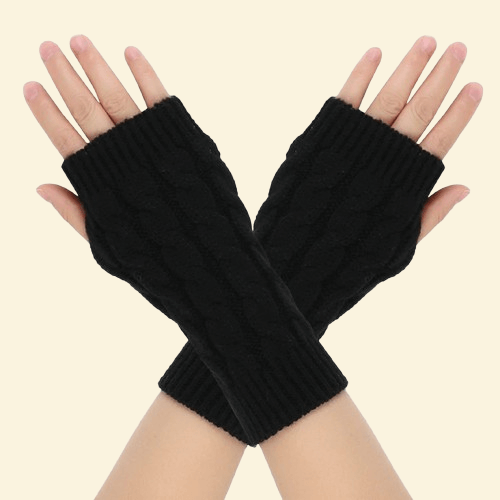 Black fingerless cable-knit winter gloves shown on hands