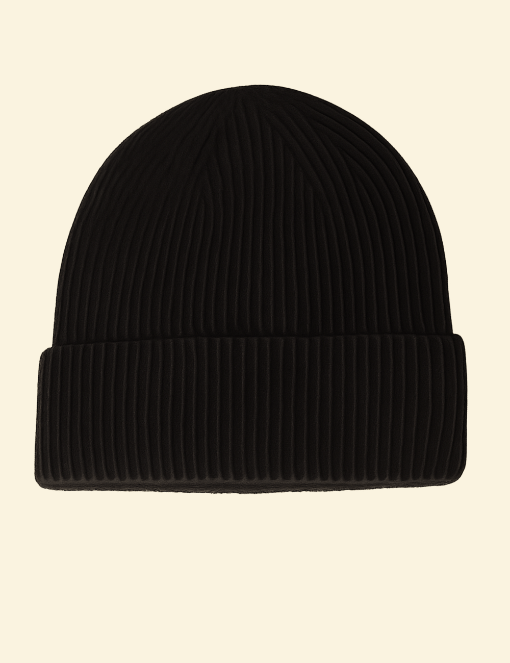 Black ribbed cashmere-wool blend knitted hat with folded cuff, displayed on a neutral background.
