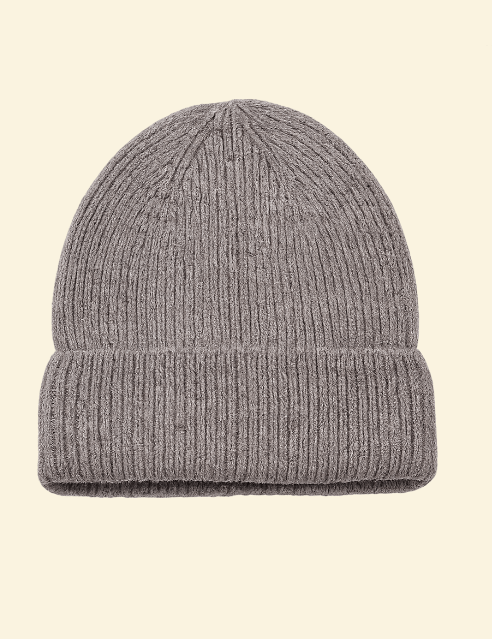 A deep grey ribbed knit beanie with a classic fold-over cuff, isolated on a soft cream background, showcasing its textured wool-blend fabric.