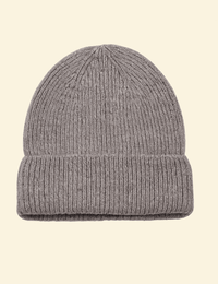 A deep grey ribbed knit beanie with a classic fold-over cuff, isolated on a soft cream background, showcasing its textured wool-blend fabric.