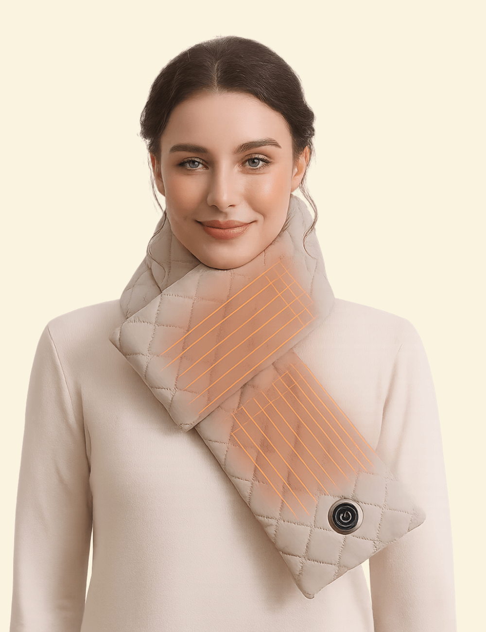Woman wearing Warmweave USB heated scarf with visible infrared heating lines and circular power button