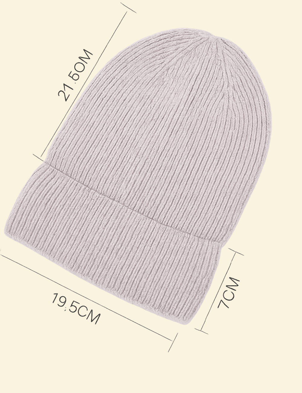 Top-down view of the Warmweave™ knit hat in beige, showing labeled dimensions: 21.5cm height, 19.5cm width, and 7cm folded cuff.