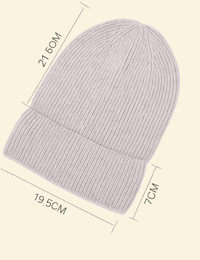 Top-down view of the Warmweave™ knit hat in beige, showing labeled dimensions: 21.5cm height, 19.5cm width, and 7cm folded cuff.