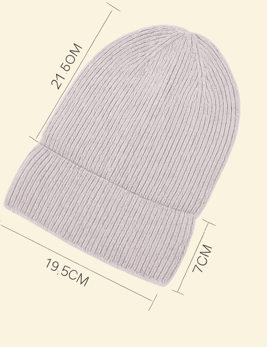 Top-down view of the Warmweave™ knit hat in beige, showing labeled dimensions: 21.5cm height, 19.5cm width, and 7cm folded cuff.