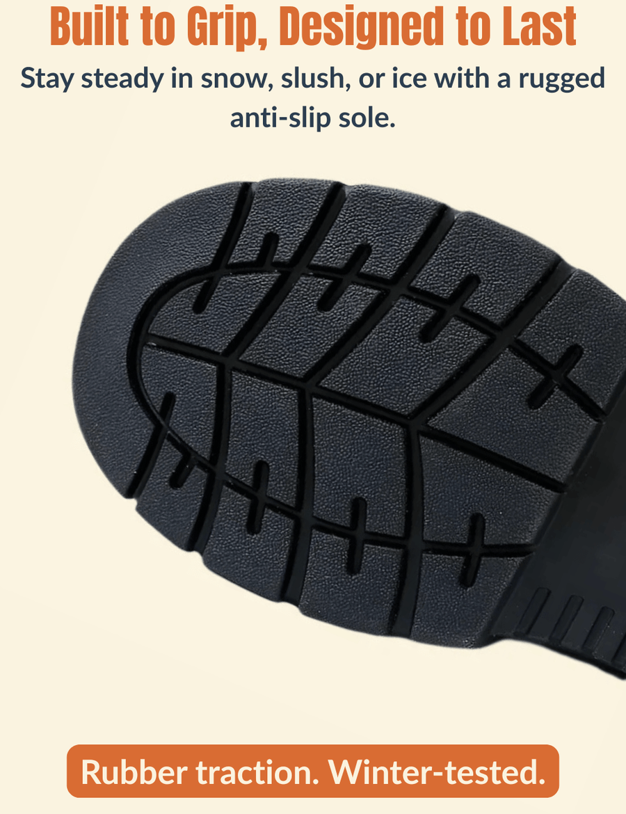 Close-up of rugged black anti-slip sole with text highlighting rubber traction and winter-tested grip.
