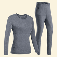 Front and side view of Warmweave™ women's USB heated thermal top and bottom set in grey color