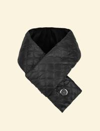 Front view of folded black USB heated scarf with power button and quilted design on neutral background