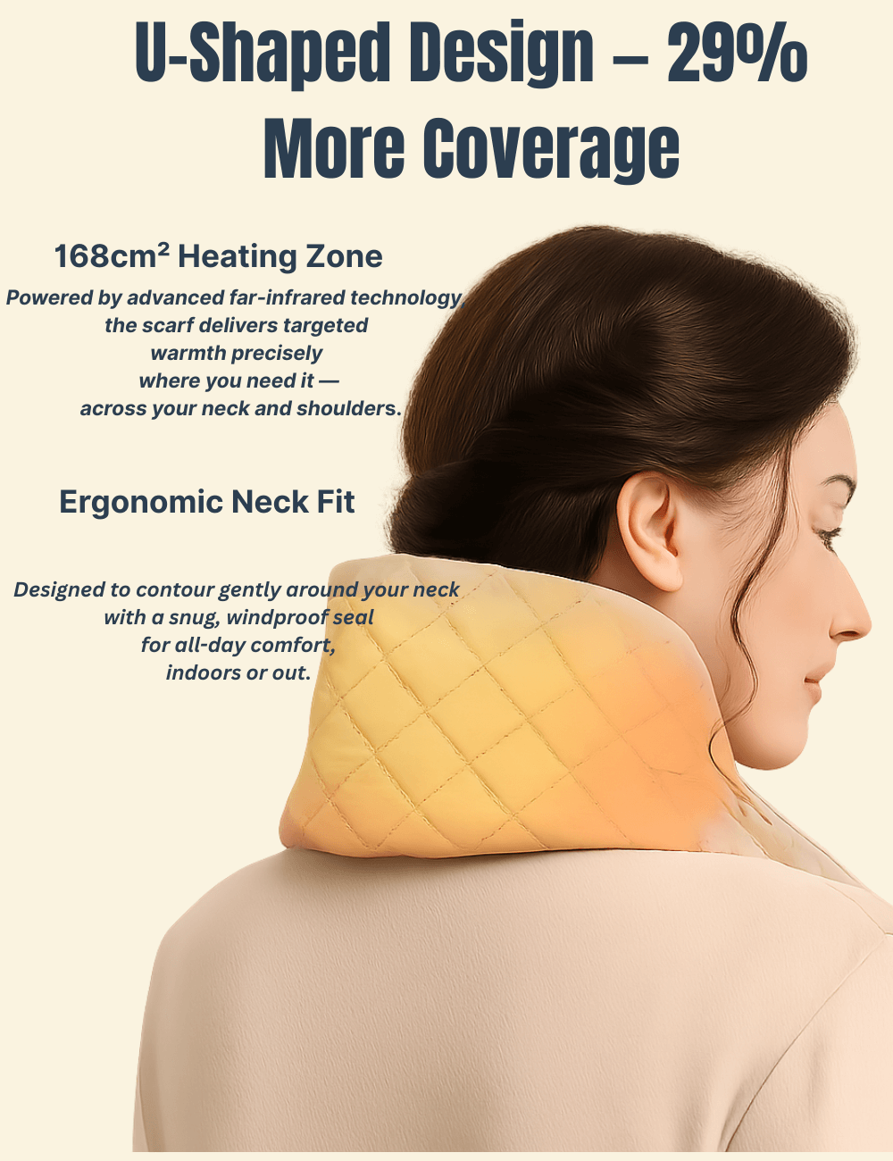 Back view of woman wearing heated scarf with U-shaped design showing extended far-infrared heating coverage and ergonomic neck fit