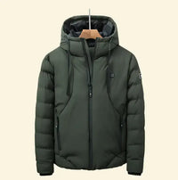 Dark green USB heated parka hanging on wooden hanger, front view