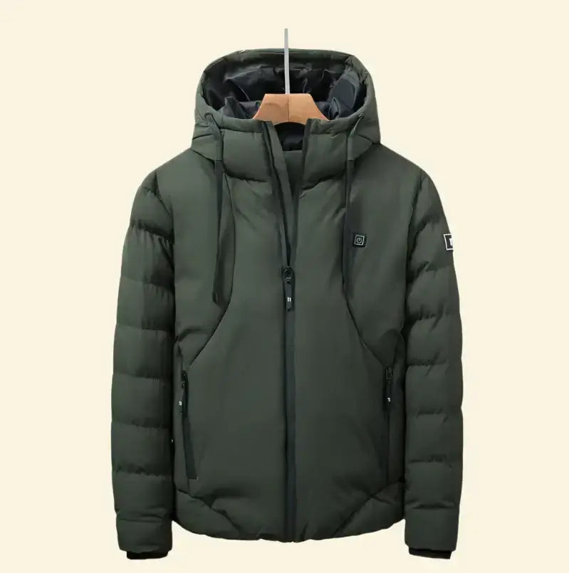 Dark green USB heated parka hanging on wooden hanger, front view