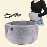 Warmweave USB heated waist belt in soft gray fleece with included USB cable, shown close-up and worn around the waist for warmth and comfort