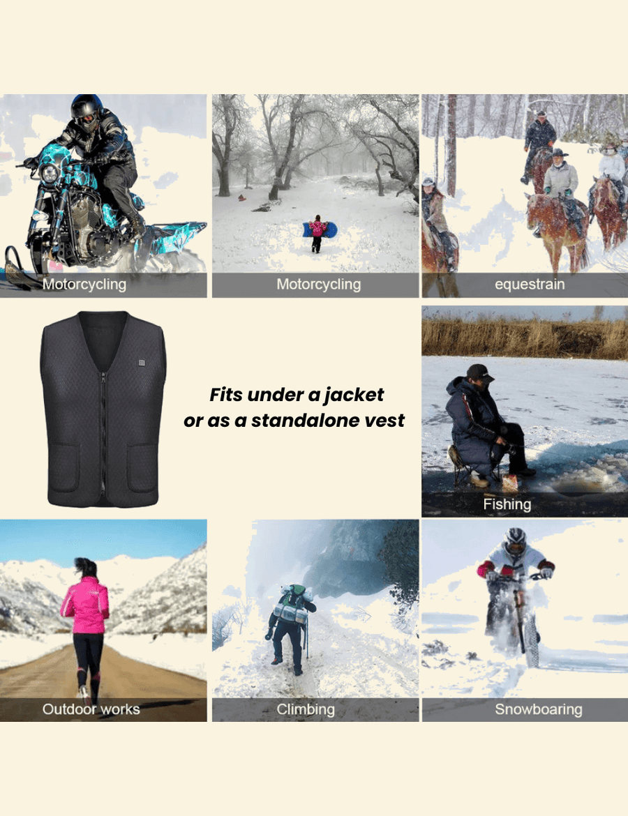 Heated winter vest for outdoor activities like motorcycling, equestrian, fishing, snowboarding, and climbing, with transparent background overlay on cream.