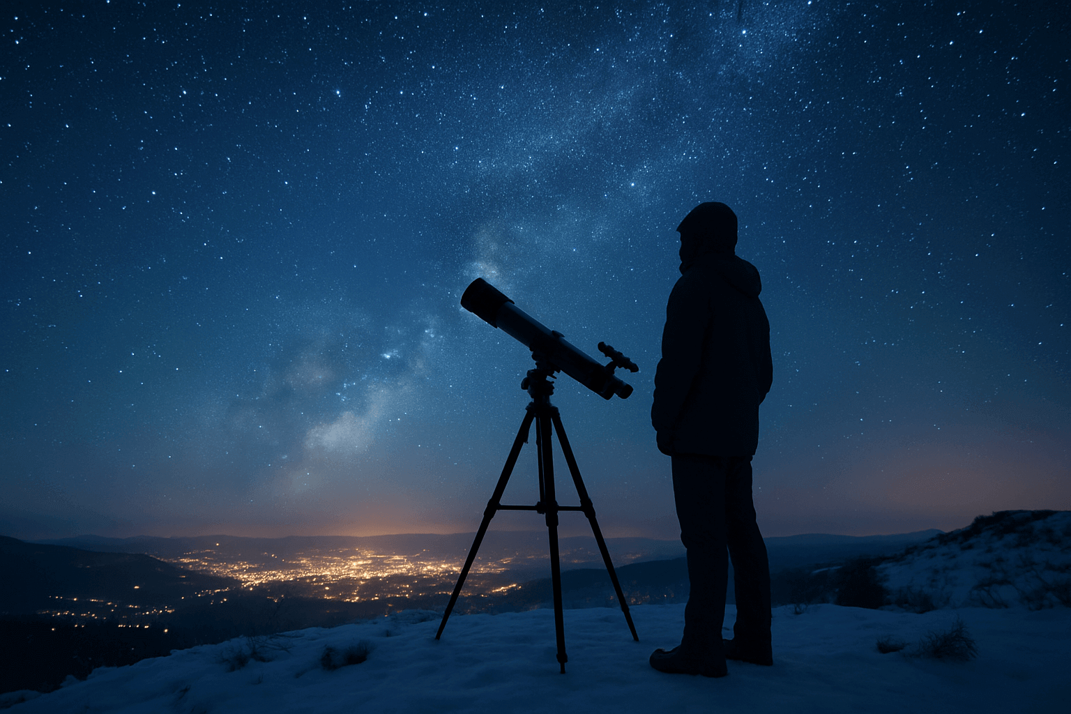 A bundled-up stargazer stands beside a telescope on a snowy mountaintop, gazing at a star-filled winter night sky with the glowing lights of a city shimmering in the distance — capturing the magic and serenity of cold-weather astronomy.