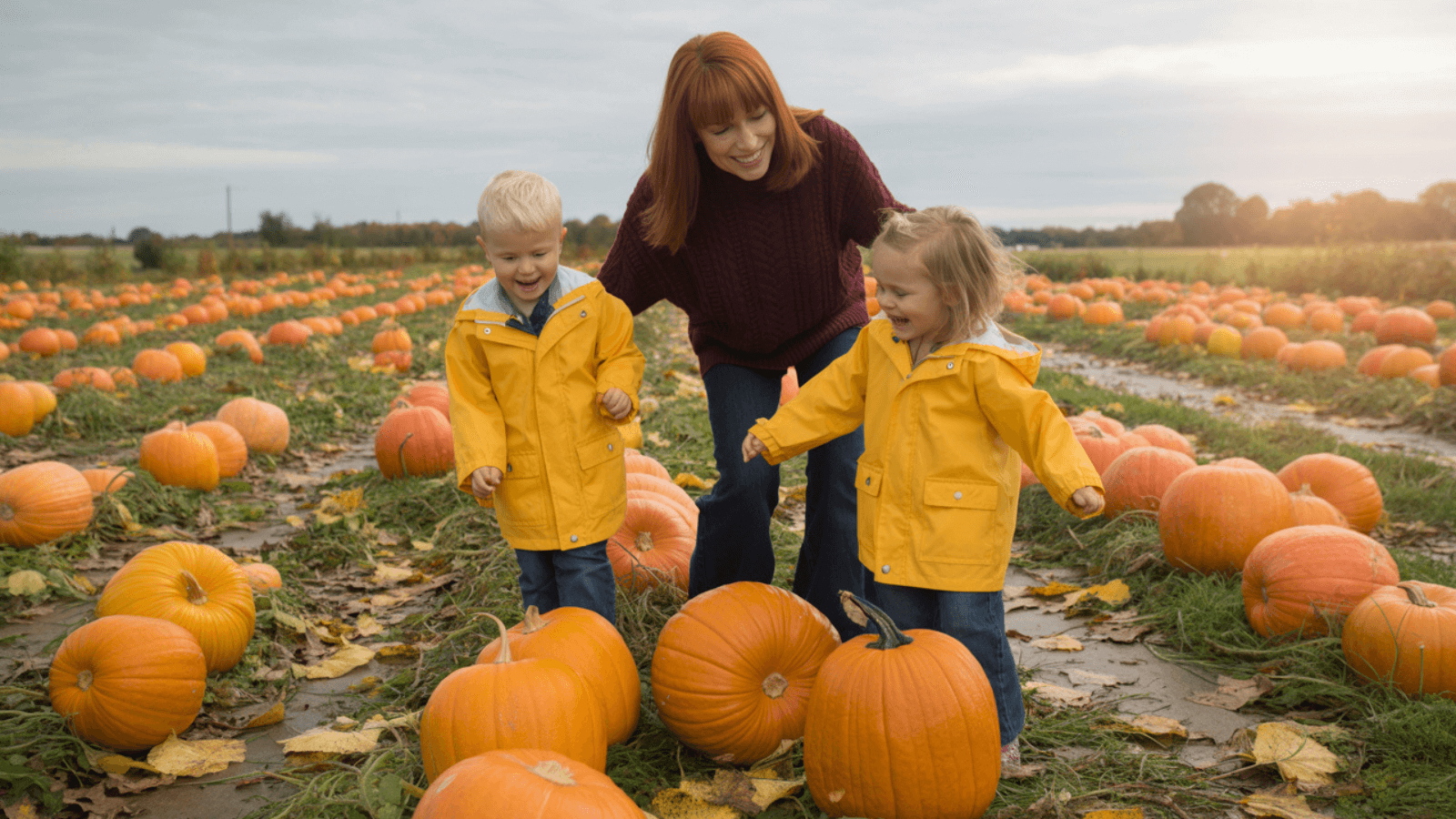 A smiling mother and her two children wearing yellow jackets enjoy a crisp autumn day together in a pumpkin patch, surrounded by vibrant orange pumpkins and fall leaves.