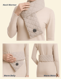 A woman demonstrates three ways to wear the Warmweave heated scarf: around the neck for warmth, across the belly for comfort, and wrapped around the waist for soothing heat.