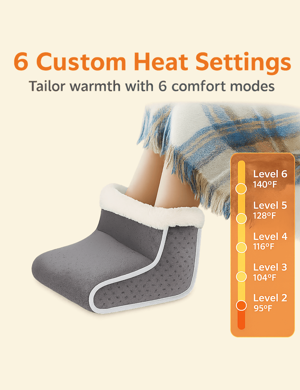  Foot warmer with 6 heat level options chart ranging from 95°F to 140°F