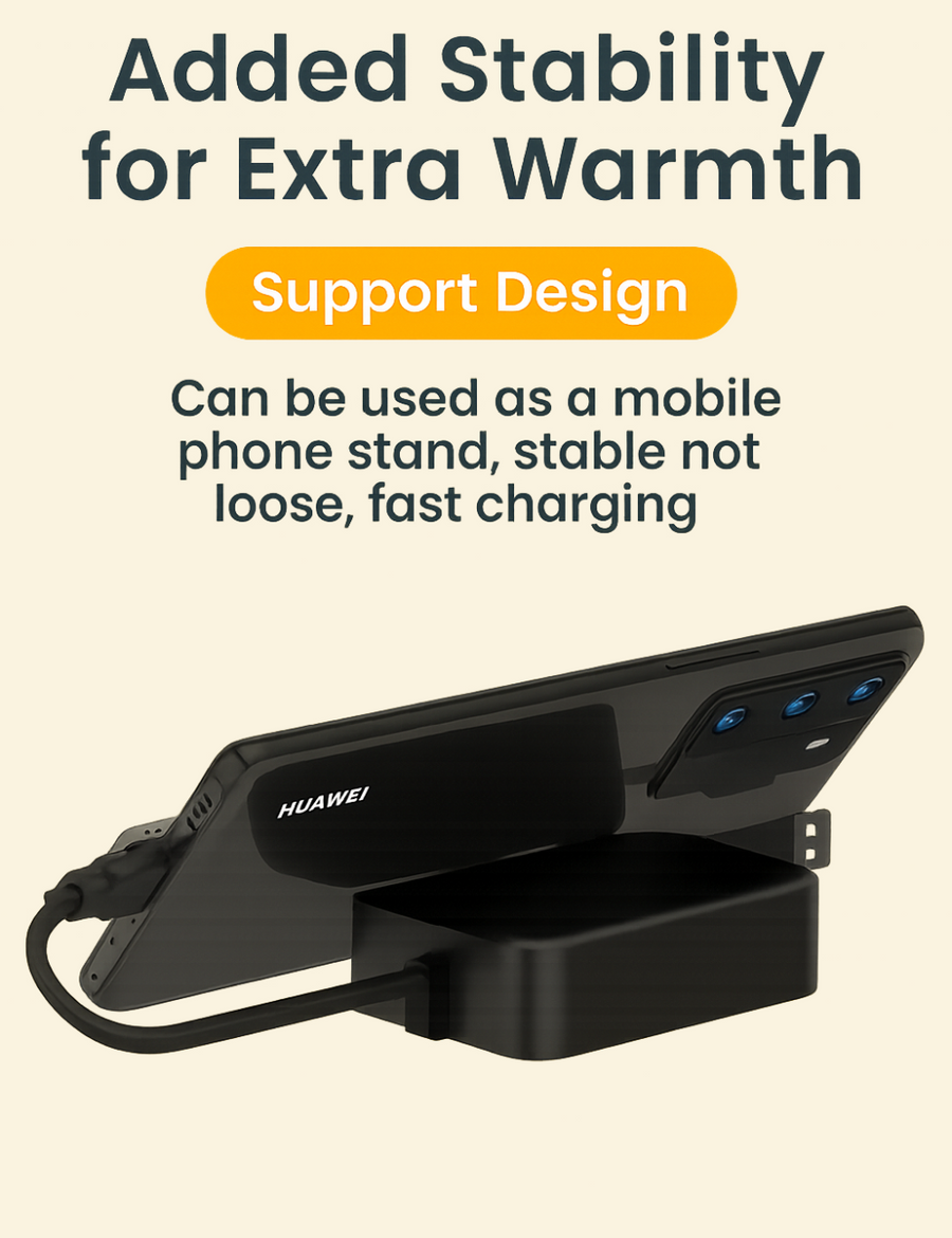 A compact black charging hub used as a mobile phone stand, supporting a Huawei phone while charging; showcases support design for stability and efficiency.







