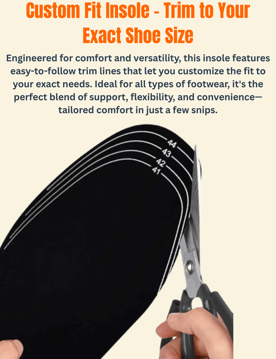 A person trims a black insole along printed guide lines with scissors, demonstrating how the insole can be cut to match different shoe sizes. The text above explains the comfort and versatility of the product.