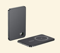 Two Black slim wireless charging devices displayed on a beige background, showcasing front and top views with digital battery indicator and magnetic charging ring