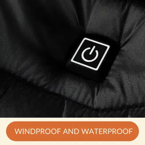 Black jacket with a power symbol button and 'Windproof and Waterproof' text on a black background
