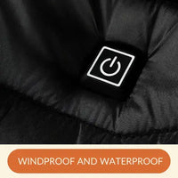 Black jacket with a power symbol button and 'Windproof and Waterproof' text on a black background