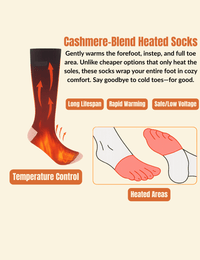 Infographic showing heat zones and benefits of Warmweave heated socks, including toe coverage and temperature control