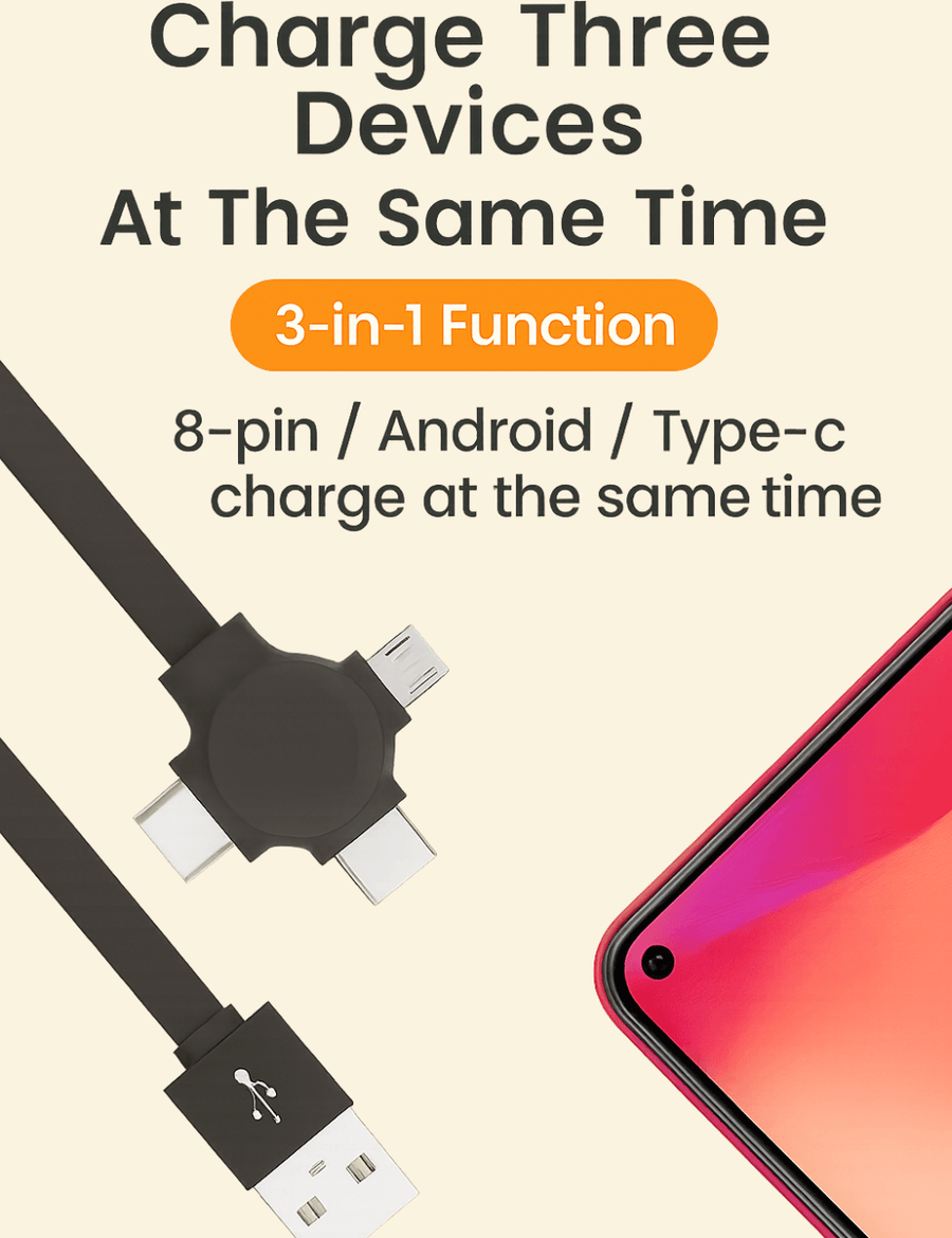 A 3-in-1 USB charging cable with connectors for 8-pin, Android, and Type-C devices, shown charging multiple phones at once.

