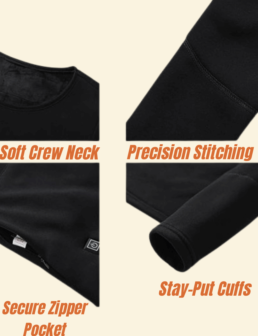 Four-panel close-up showing the soft crew neck, precision stitching, secure zipper pocket, and stay-put cuffs of the Warmweave™ USB Heated Thermal Suit.