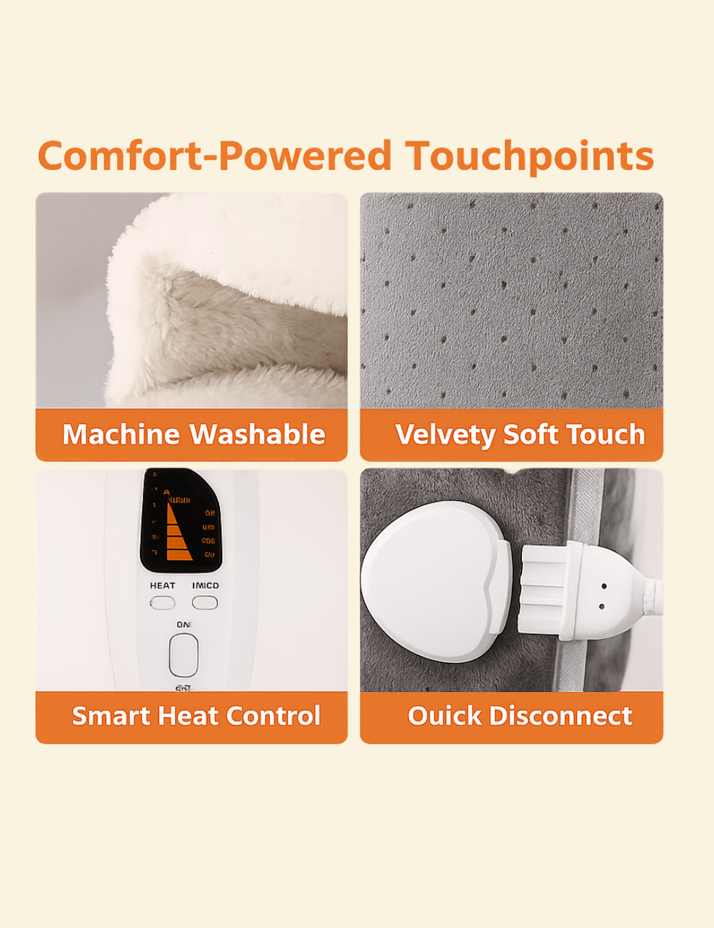 Four-panel layout showing foot warmer's soft lining, velvet surface, heat controller, and detachable plug