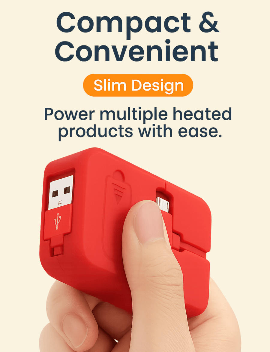 A red compact USB charging hub held between two fingers, showcasing its slim design. The image includes bold text reading "Compact & Convenient" and highlights the feature "Slim Design" in orange. Below, a caption reads "Power multiple heated products with ease." The layout is clean and professional on a soft beige background.