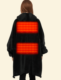 Rear view of black hoodie blanket showing two glowing red heating panels