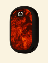 Front view of the EmberGlow hand warmer with a black casing and glowing ember surface, displaying 60°C.