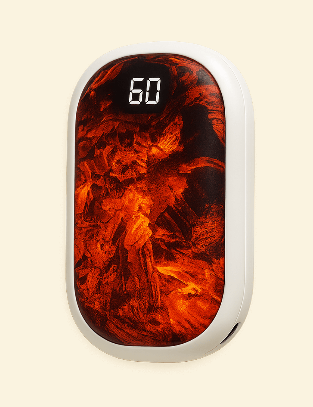 Front view of the EmberGlow hand warmer with a white casing and glowing ember surface, displaying 60°C.