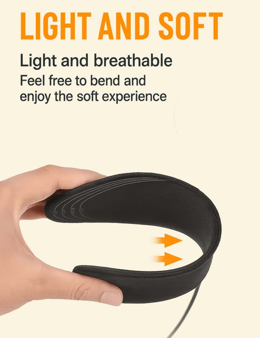 Close-up of a hand bending a soft, black heated insole to show its lightweight and flexible 4mm thickness for breathable comfort.
