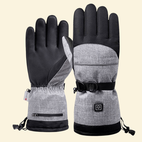 Warmweave heated ski gloves shown in front and back view with touchscreen fingertips and on-glove power button