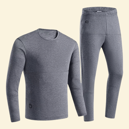 Front and side view of Warmweave™ men's USB heated thermal top and bottom set in grey color