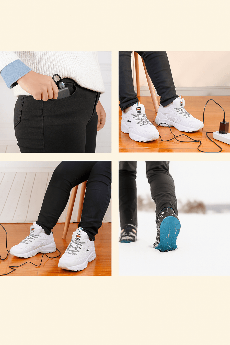 A four-image collage shows a person using heated insoles in daily scenarios: placing a power bank in a pants pocket, charging shoes while seated, displaying the shoes during charging, and walking outdoors in snow—all highlighting the insole's warmth and convenience across environments.

