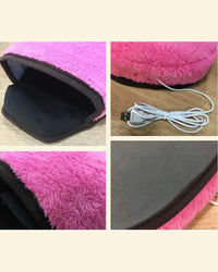 Collage of a pink heated mouse pad with USB cable on a wooden surface