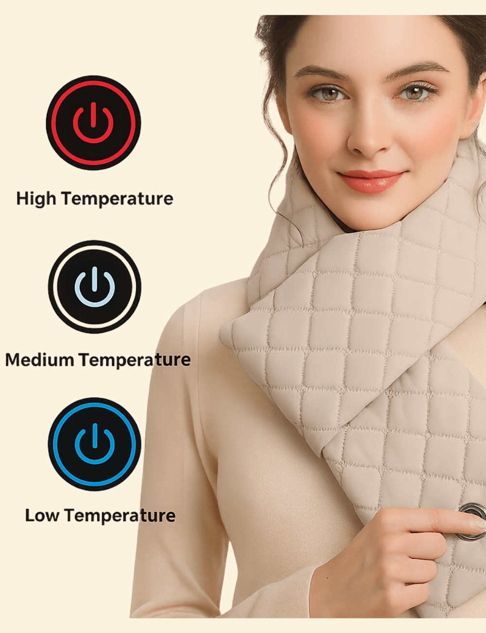 Woman adjusting button on heated scarf with three temperature modes displayed: red for high, white for medium, and blue for low.