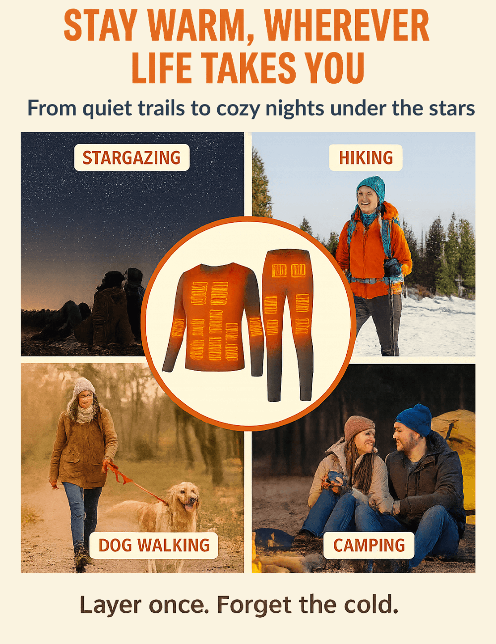 Warmweave™ heated clothing shown during stargazing, hiking, dog walking, and camping in cold weather