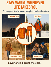 Warmweave™ heated clothing shown during stargazing, hiking, dog walking, and camping in cold weather