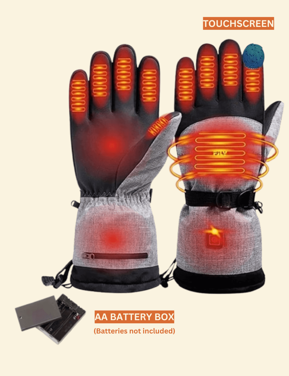 Heated gloves with battery box on a beige background