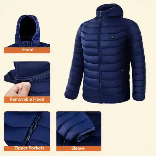 Close-up images showing features like removable hood, waterproof zippers, and fabric detail of Warmweave™ jacket