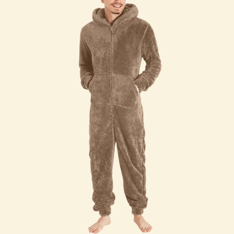 Model wearing Warmweave™ Men’s Thermal Fleece Zipper Onesie Pyjamas in Toasted Cocoa