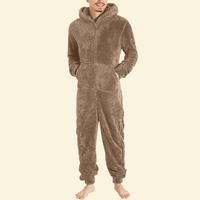 Model wearing Warmweave™ Men’s Thermal Fleece Zipper Onesie Pyjamas in Toasted Cocoa