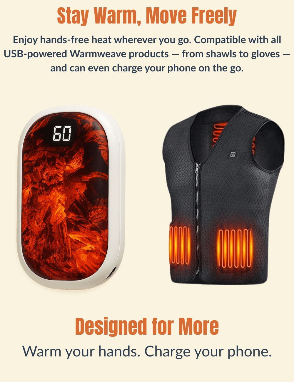 EmberGlow hand warmer next to a USB heated vest, both glowing to showcase warmth and compatibility.