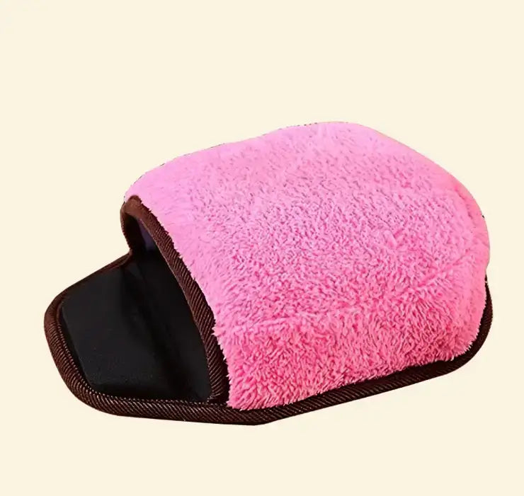 Pink Heated mouse pad with USB cable on a beige background